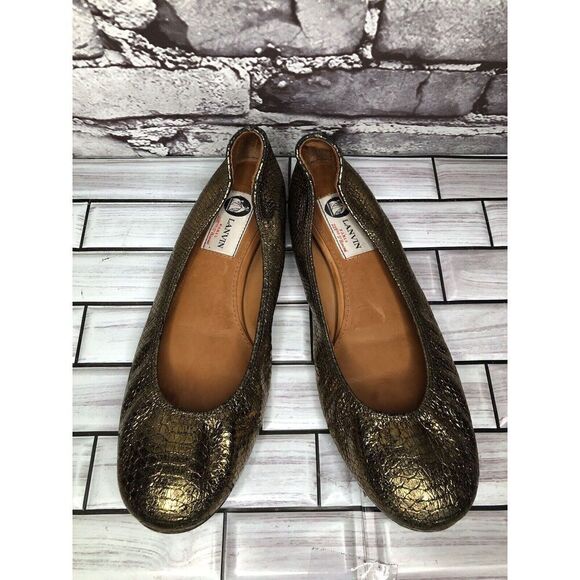 Lanvin Paris Gold Metallic Leather Snake Skin Print Ballet Flats Women Sz 39EU/8 - Picture 4 of 16